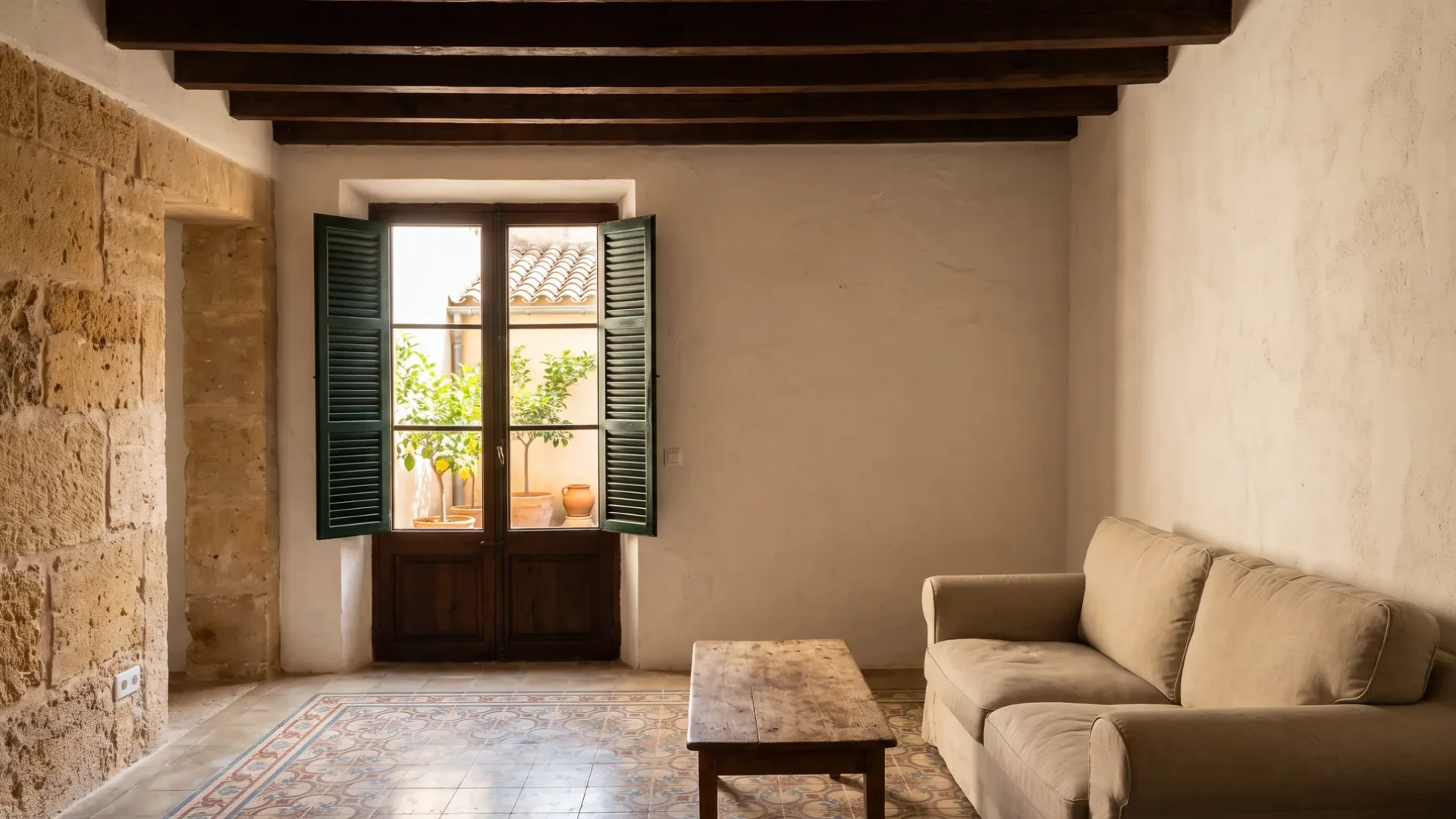 Living room with a beamed ceiling, a sandstone wall, a patterned tile floor and shutters open onto a courtyard of lemons