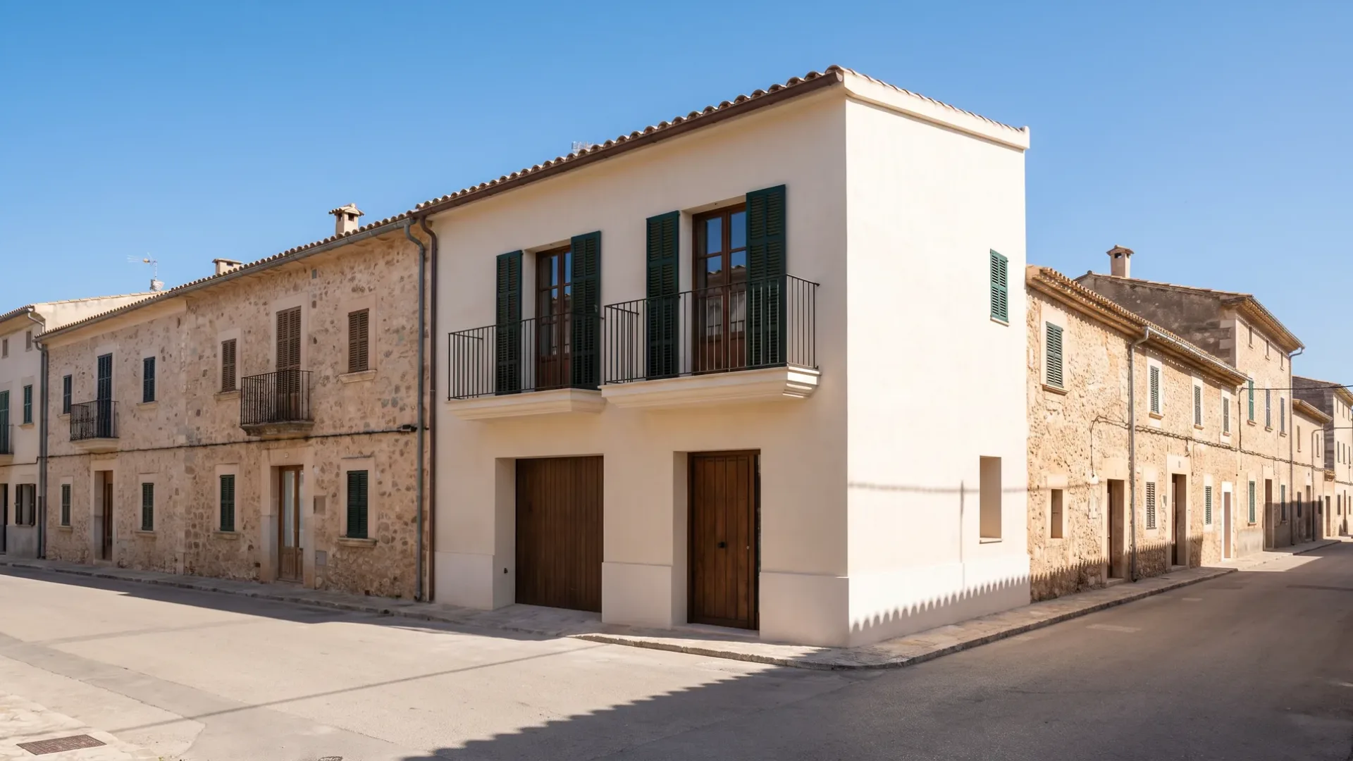 Rendered town house with green shutters, iron balconies and timber doors in a row of stone houses on a quiet street