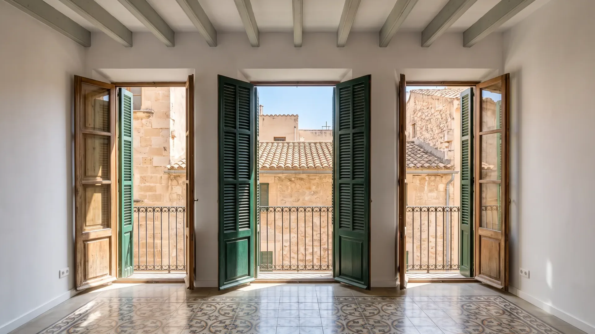 Apartment room with painted timber beams, a patterned tile floor and three tall shuttered doors open onto iron balconies