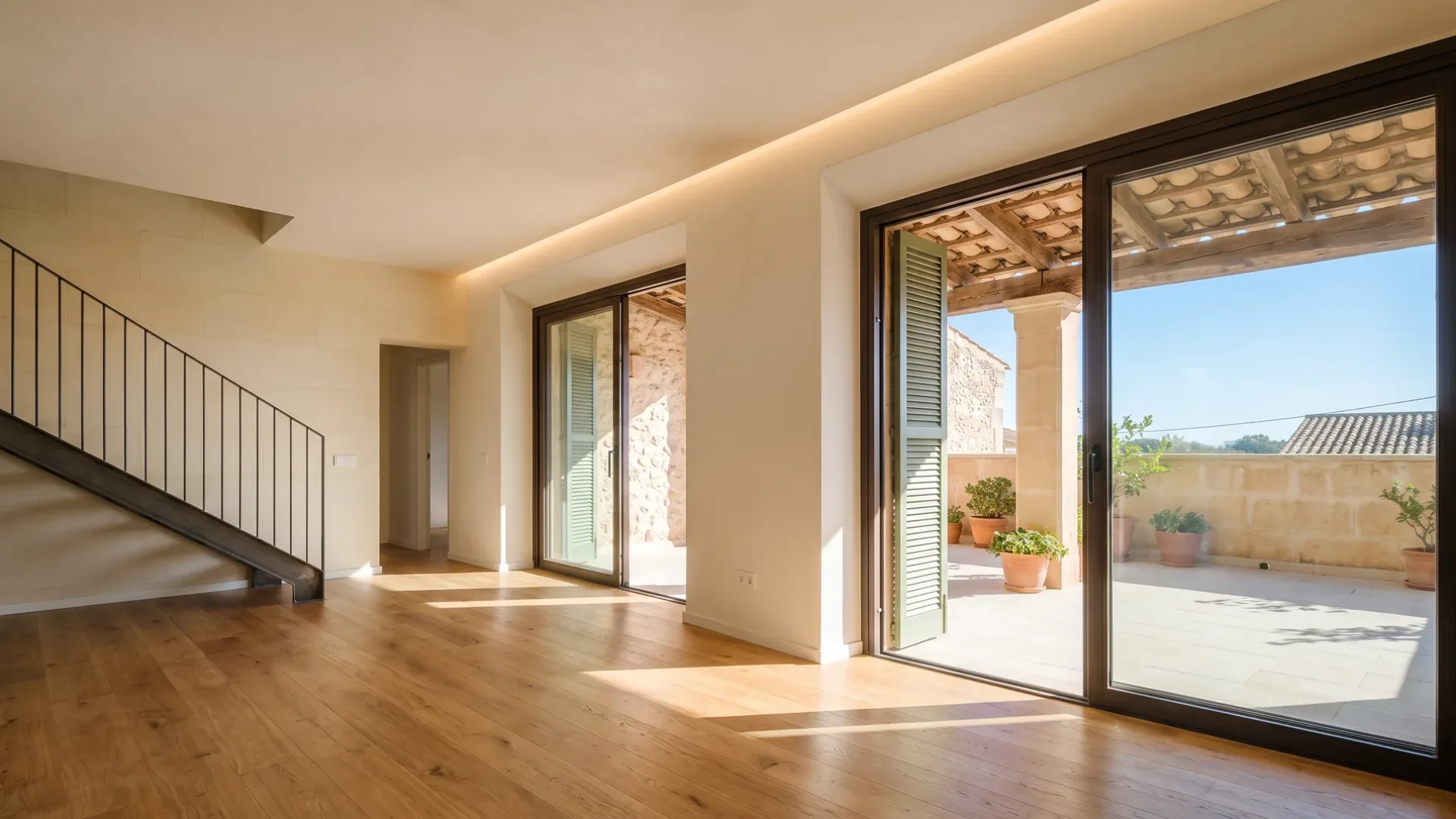 Refurbished villa interior with oak floors, a steel-railed stair, concealed ceiling lighting and doors onto a terrace