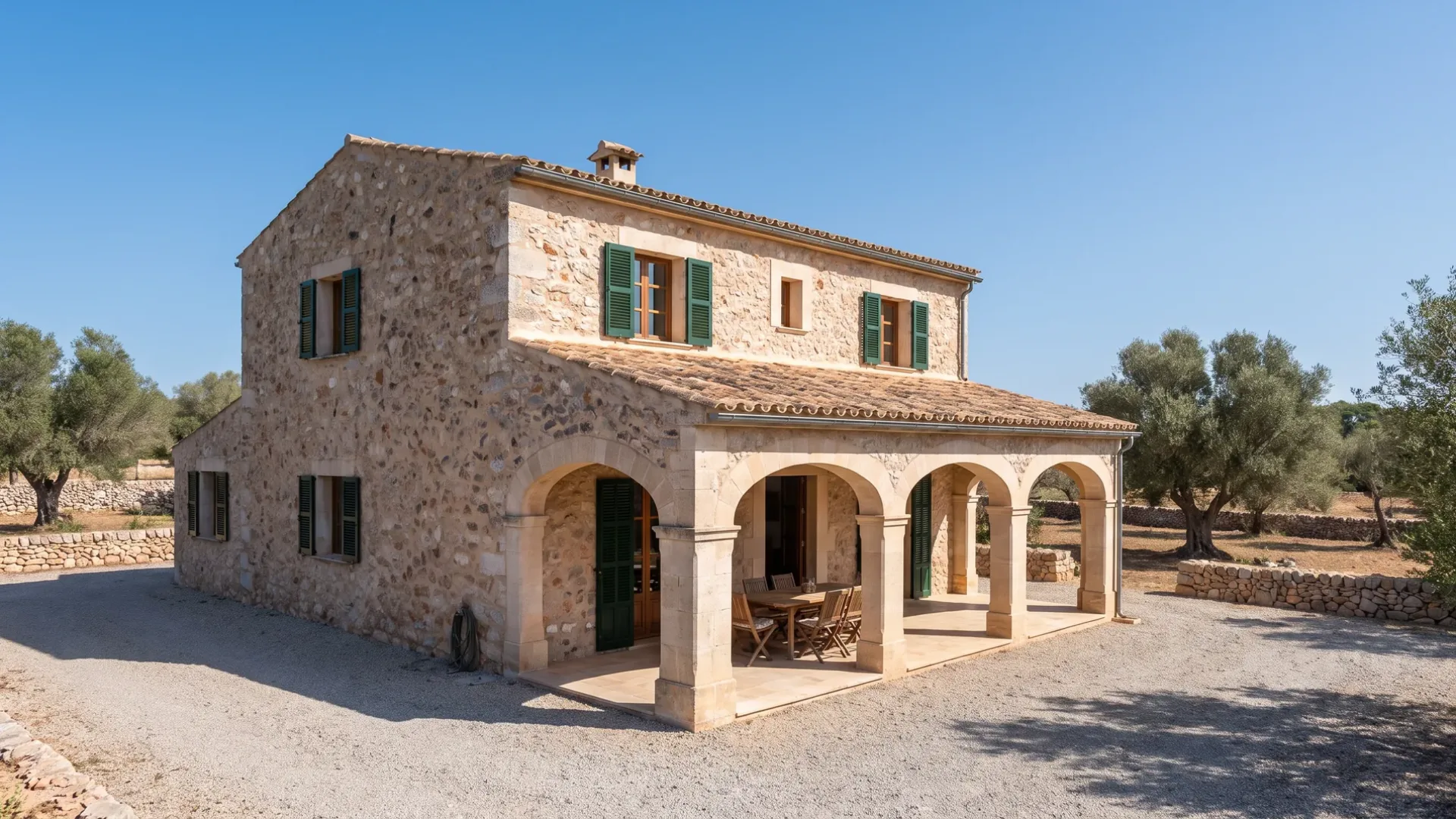 Two-storey stone country house with green shutters and an arched porch, a gravel drive and olive trees around it