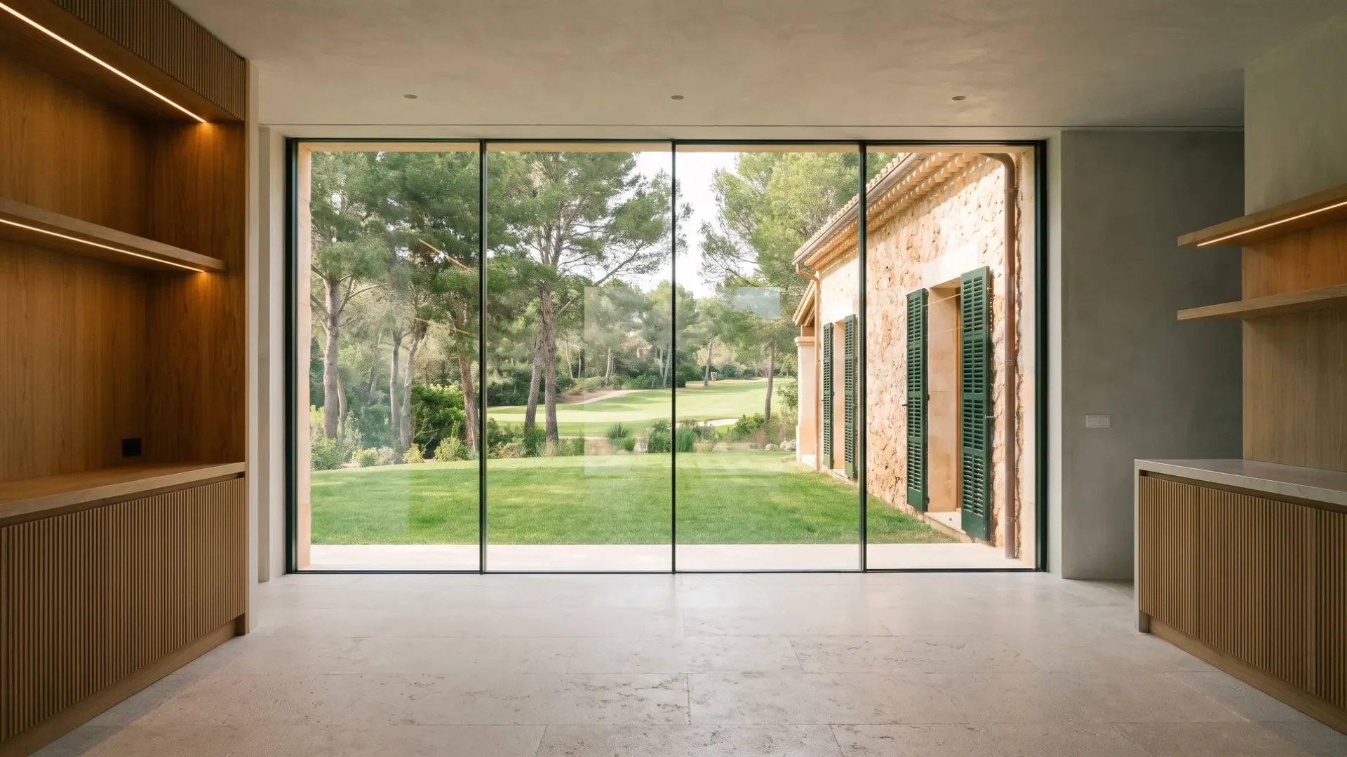 Villa living room with a limestone floor, fluted oak joinery with hidden lighting and full-height glazing onto a lawn